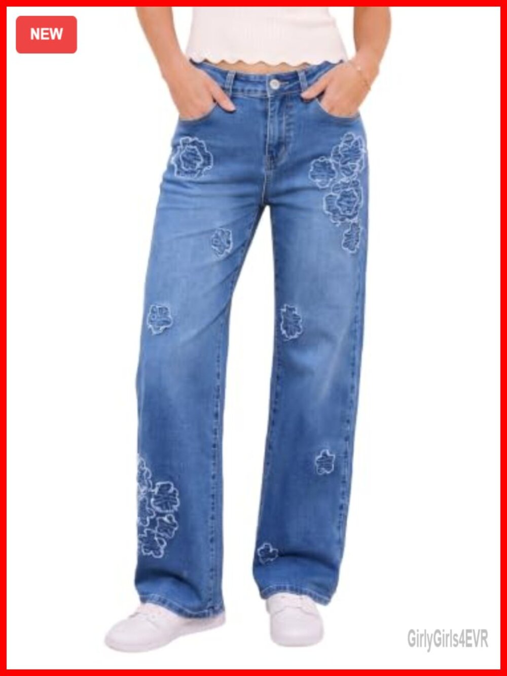 Straight Leg Floral Embroidered High Waisted Stretch Jeans for Women